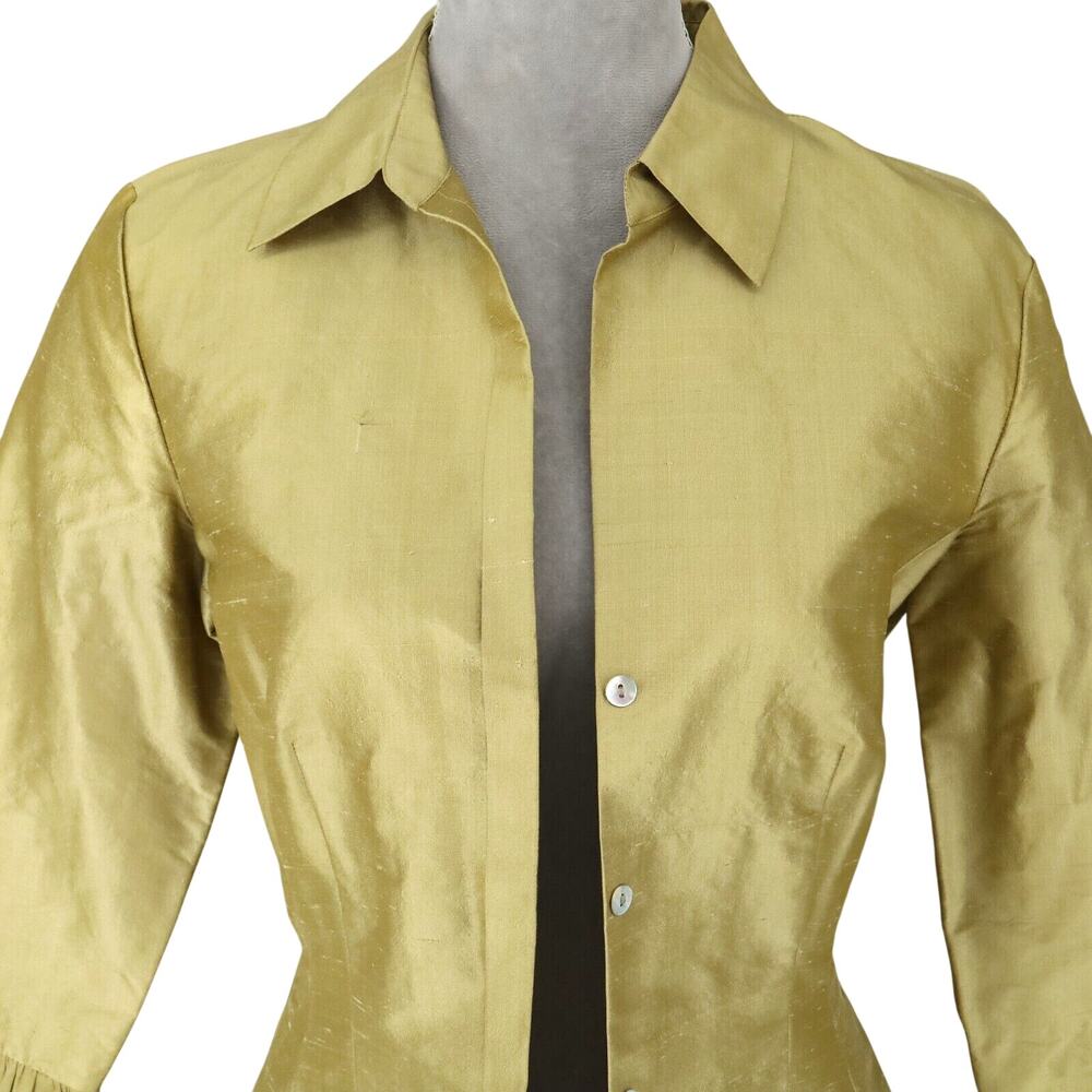Cache Jacket Womens 8 All Silk Green Gold Lined Pleated Trim Lightweight Vintage - Picture 7 of 12